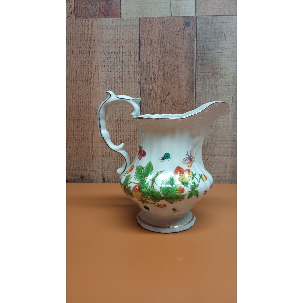 Vintage House of Ardalt Porcelain Strawberry Butterfly Pitcher Gold Trim Creamer